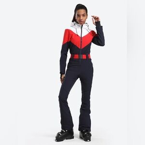 NWT XS Women's Navy & Red All-in-One Belted Waterproof One-Piece Ski Suit
